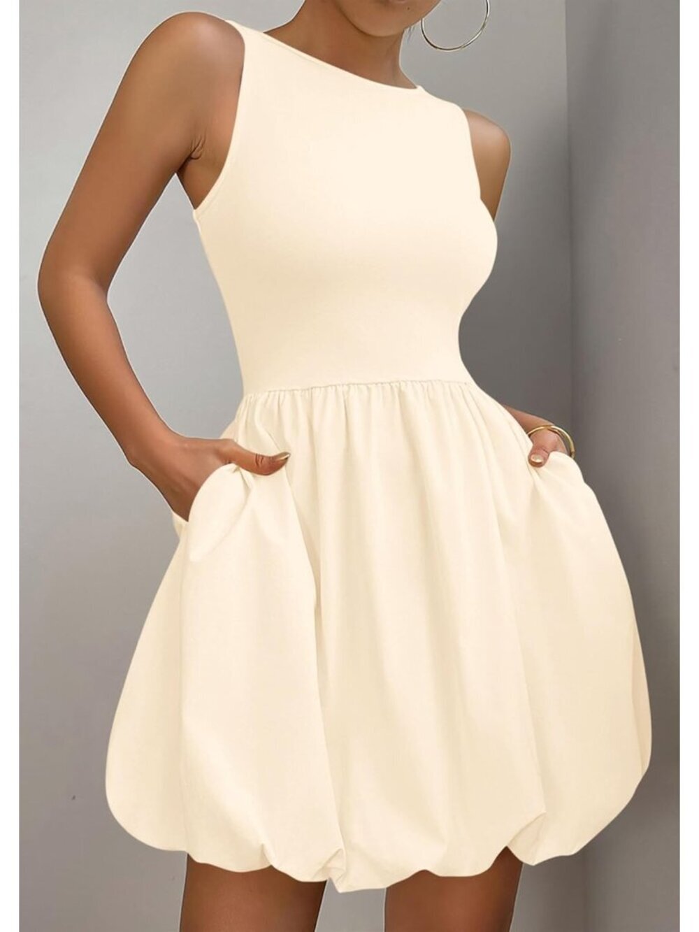 〽️Women's Beige Casual Sleeveless Tank Crew Neck Short Cocktail Mini Dress